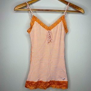 Hollister Striped cami Lace Trim Size Small v-neck Spaghetti Strap orange white